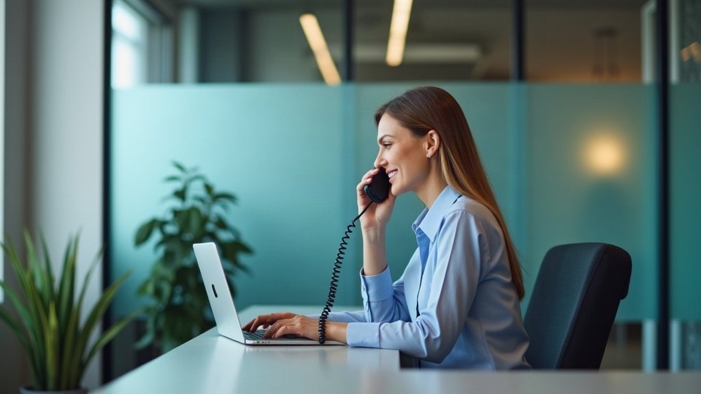 Standardiste répondant au téléphone devant un bureau vitré
