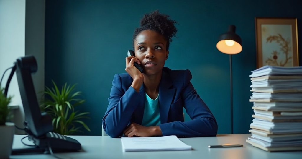 Fondatrice hésitant entre un téléphone de bureau et une pile de factures