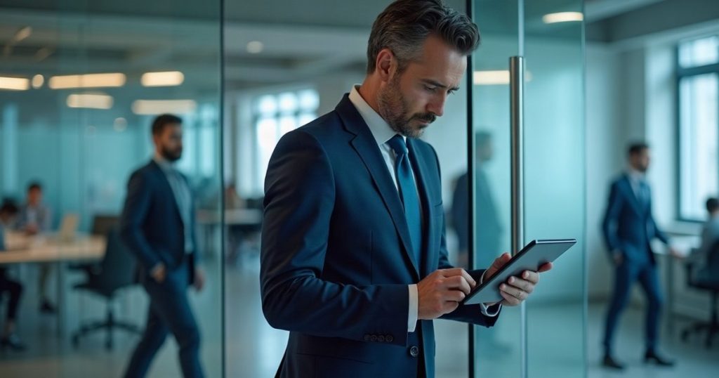 Consultant sortant d'une réunion client et consultant sa tablette