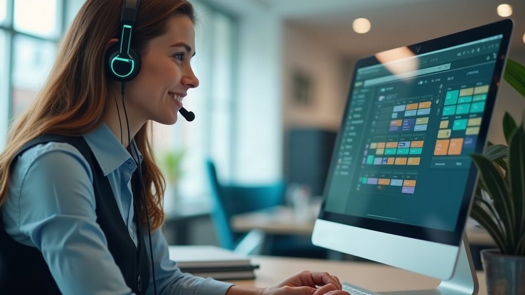 Recruteuse au casque en appel devant un agenda à l'écran