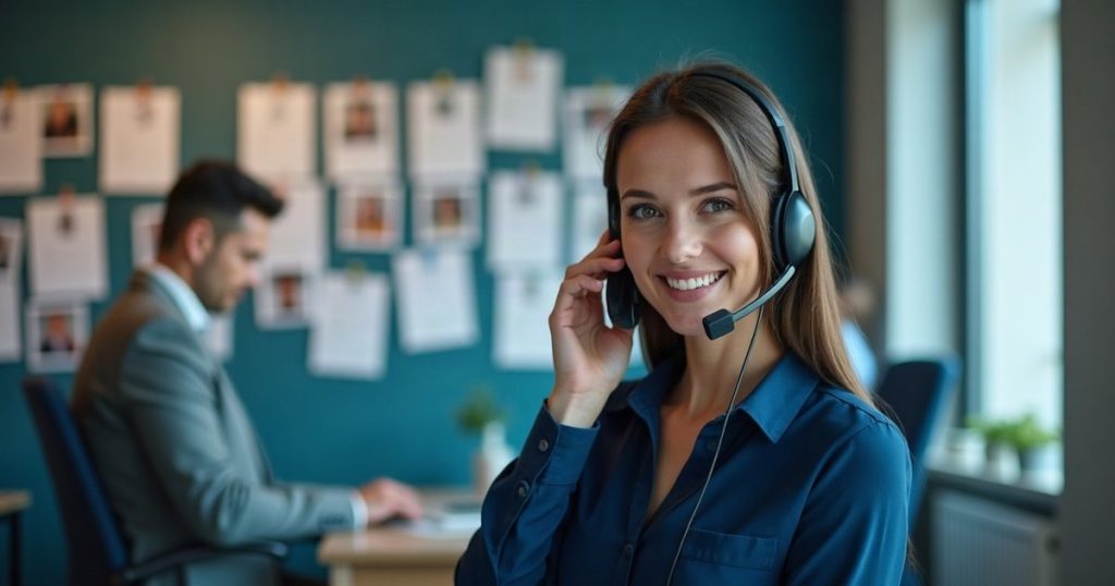Recruteuse au casque en plein appel devant un mur de CV