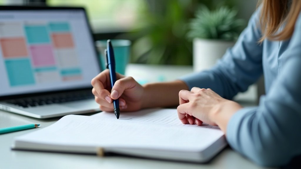 Main écrivant dans un carnet devant un agenda affiché sur ordinateur