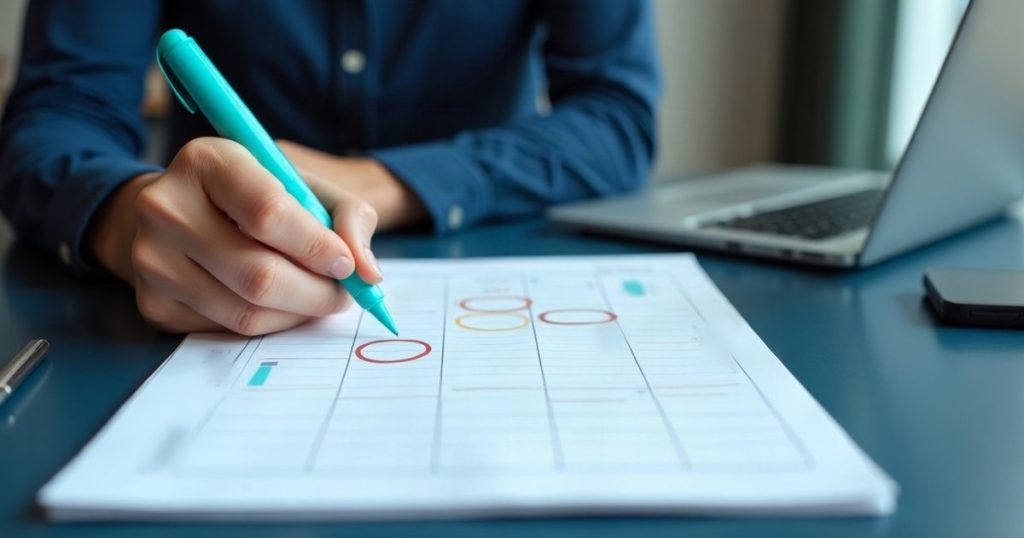 Main entourant des dates de relance sur un planning papier