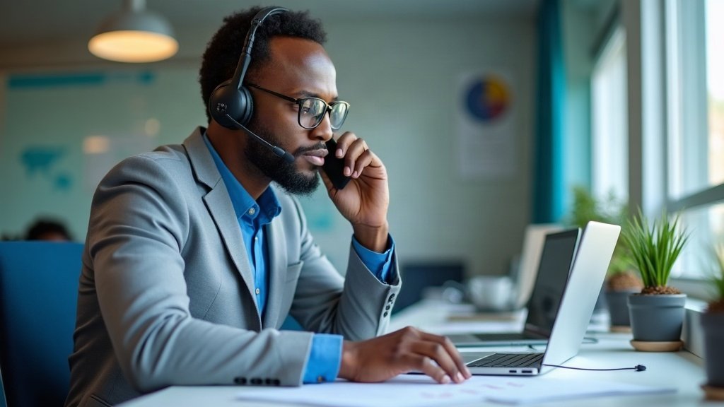 Commercial au casque enchaînant les appels à son bureau