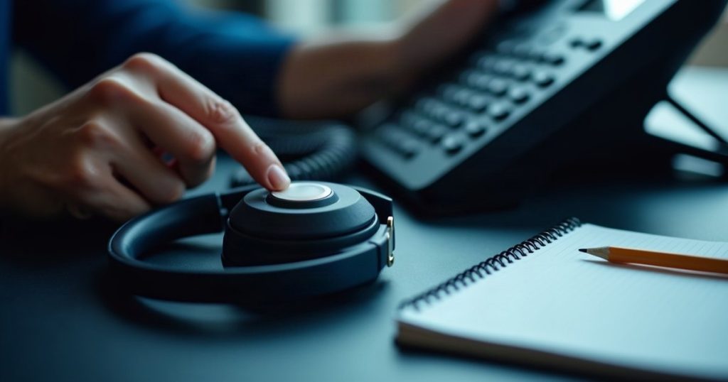 Main sur un casque à côté d'un téléphone de bureau et d'un bloc-notes