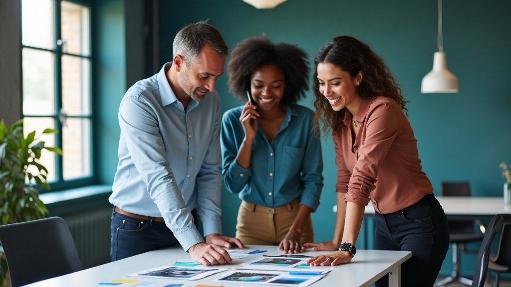 Équipe d'agence de communication autour d'un moodboard, une collaboratrice au téléphone
