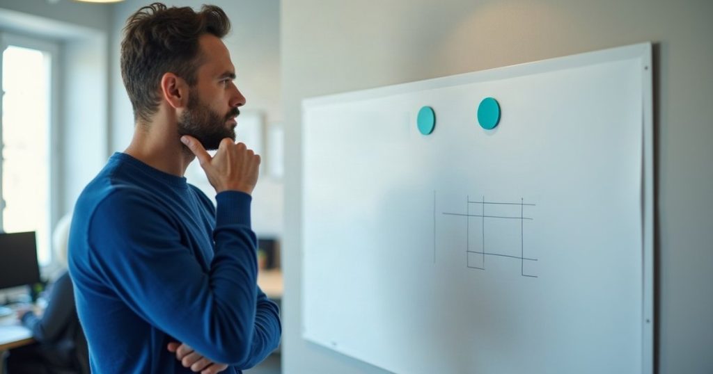 Fondateur d'agence de communication devant un tableau de planning presque vide
