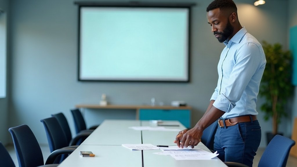 Formateur préparant des supports dans une salle de formation à moitié vide