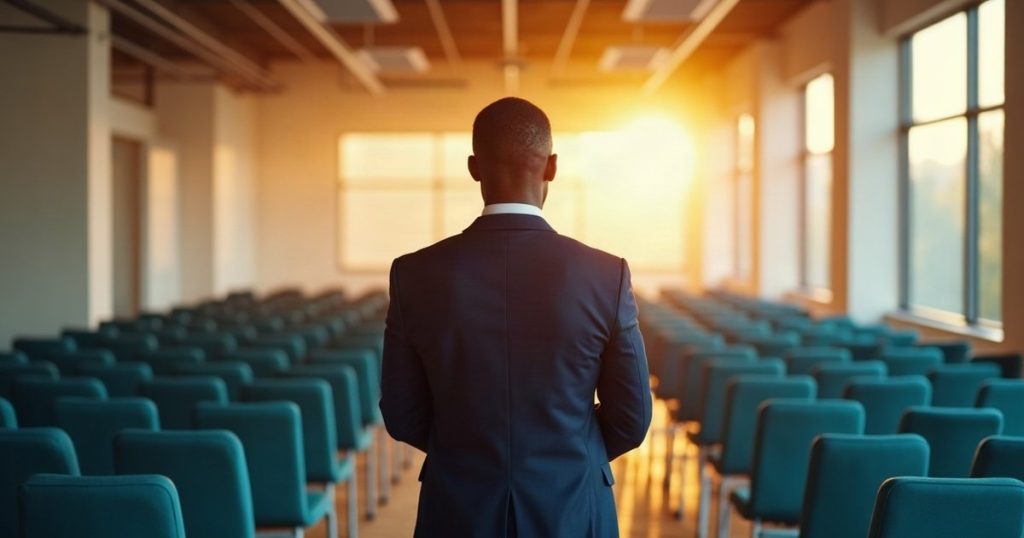 Formateur seul face à une salle de formation aux chaises vides